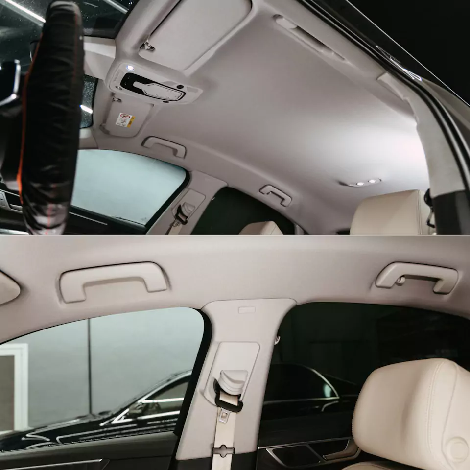 Перетянули потолок Audi A6 в алькантару и окрасили потолочный пластик в черный цвет